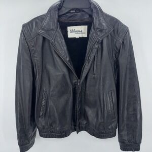 Wilsons Leather Jacket Vintage 70s Womens Black Sherpa biker Bomb Jacket Size 42